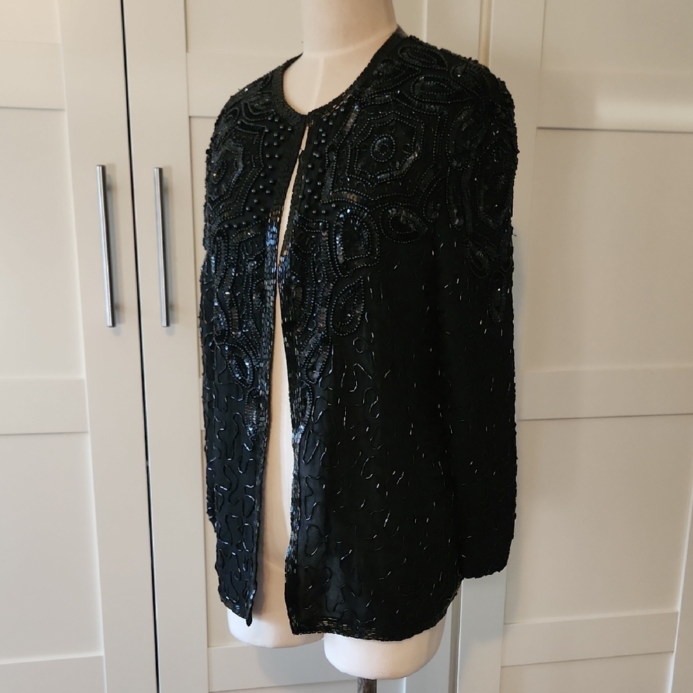 Vtg Papell Boutique Evening Silk Beaded Sequin Jacket Black Size M Art Deco